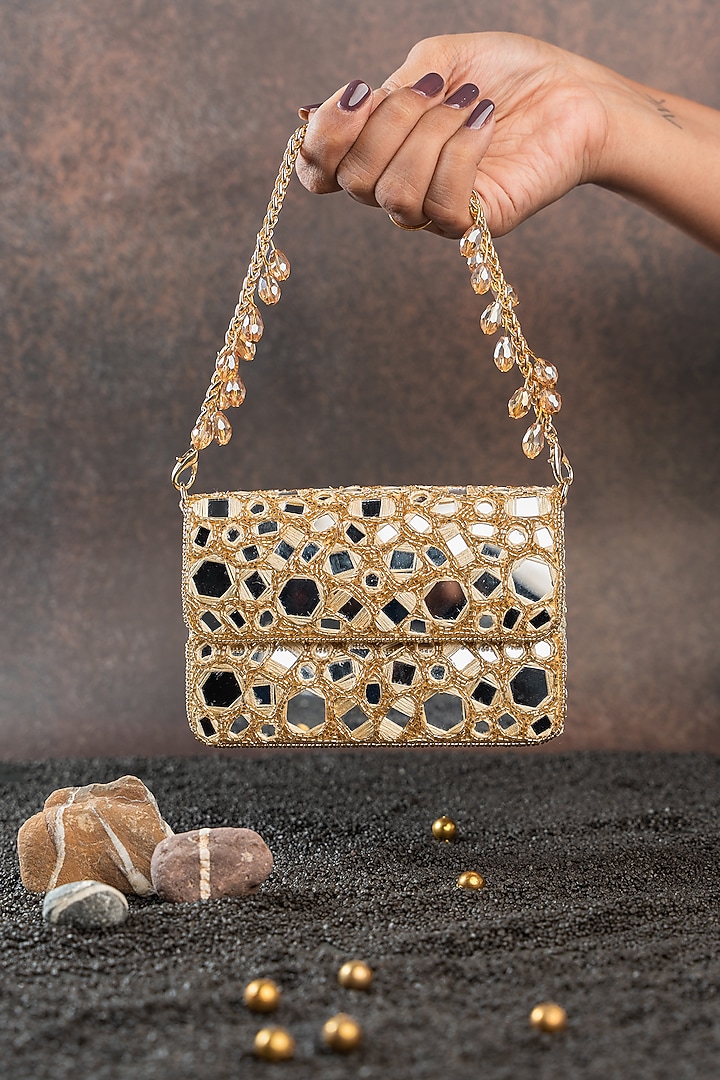 Gold Silk Bead & Mirror Work Clutch by Nayaab by Sonia at Pernia's Pop Up Shop