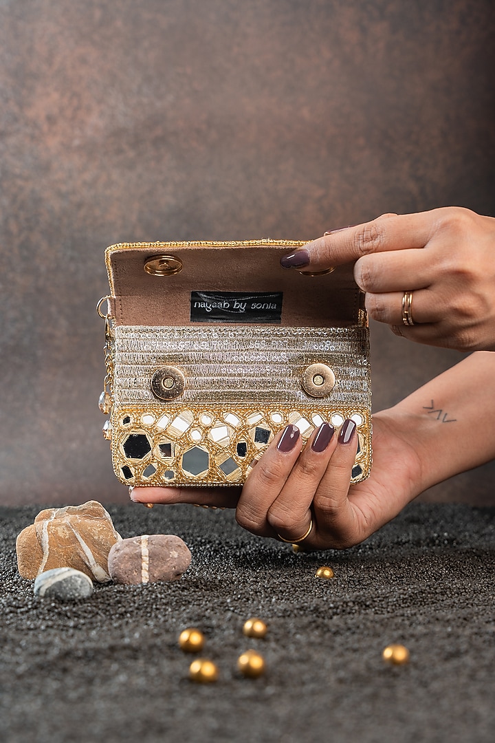 Gold Silk Bead & Mirror Work Clutch by Nayaab by Sonia at Pernia's Pop Up Shop