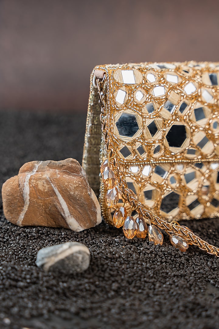 Gold Silk Bead & Mirror Work Clutch by Nayaab by Sonia at Pernia's Pop Up Shop