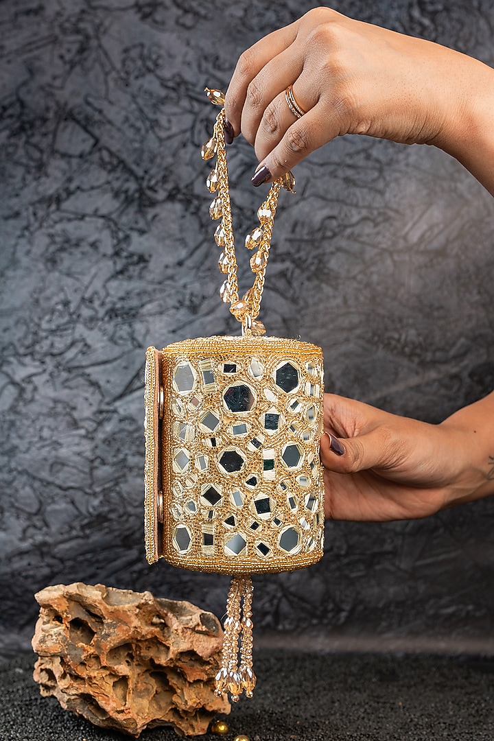 Gold Silk Mirror Work Potli Bag by Nayaab by Sonia at Pernia's Pop Up Shop