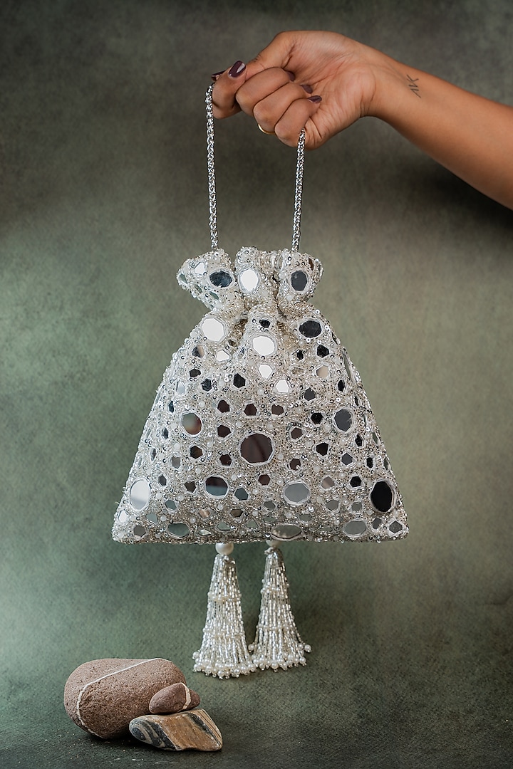 Silver Silk Mirror Hand Embellished Potli Bag by Nayaab by Sonia at Pernia's Pop Up Shop
