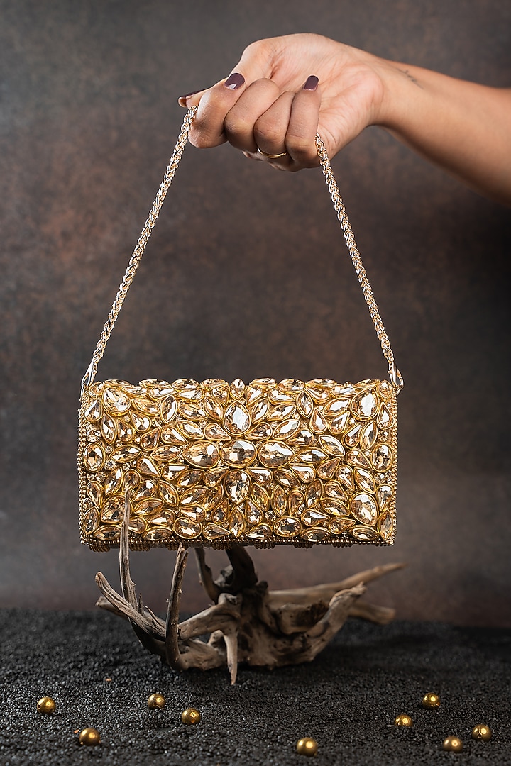 Gold Silk Floral Embellished Clutch by Nayaab by Sonia at Pernia's Pop Up Shop