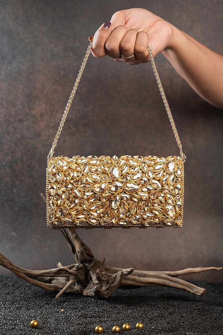 Gold Silk Floral Embellished Clutch by Nayaab by Sonia at Pernia's Pop Up Shop