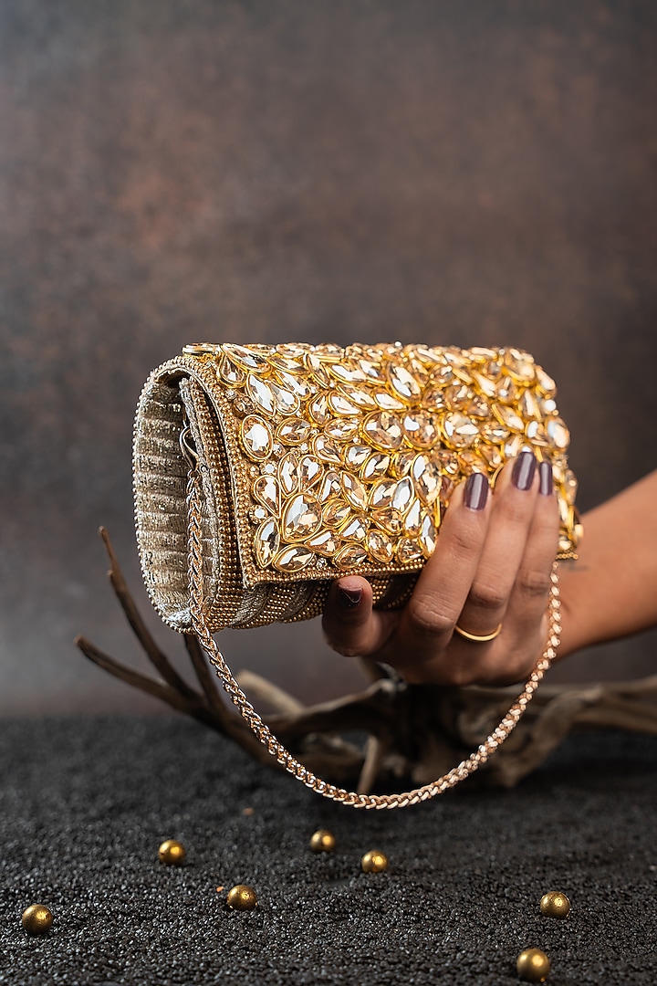 Gold Silk Floral Embellished Clutch by Nayaab by Sonia at Pernia's Pop Up Shop