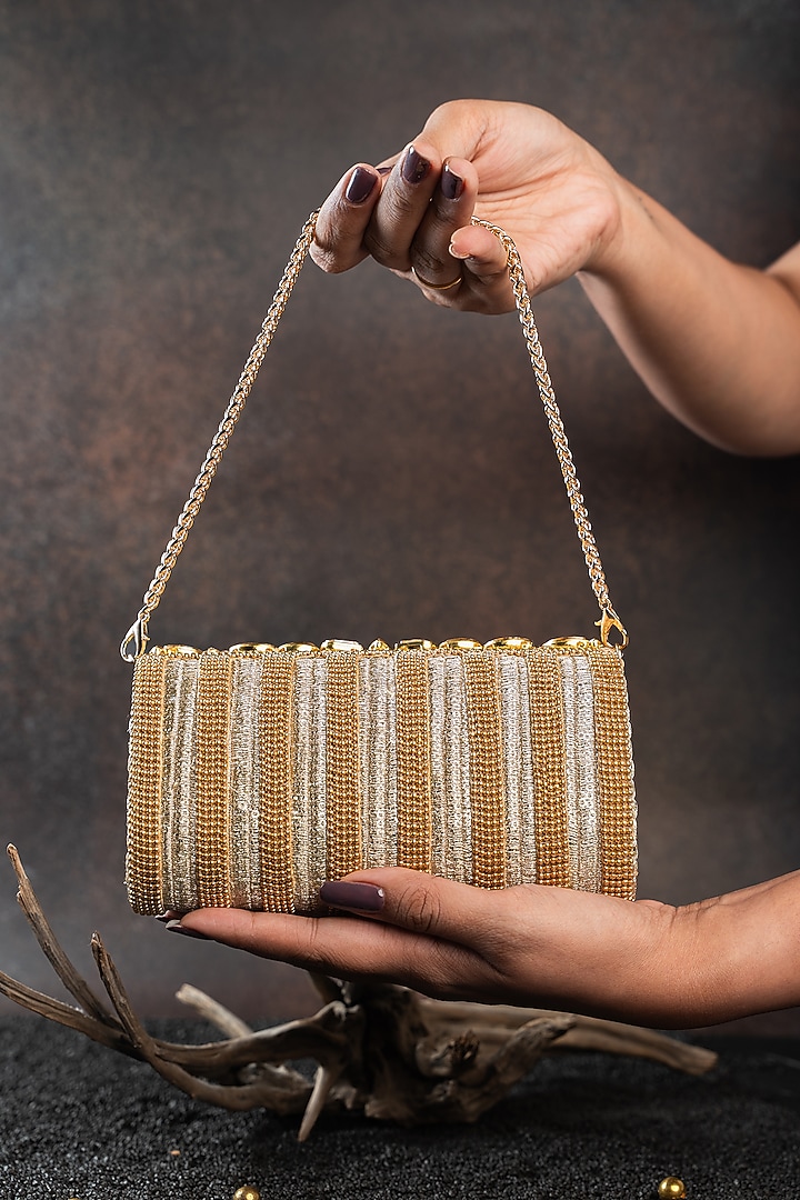 Gold Silk Floral Embellished Clutch by Nayaab by Sonia at Pernia's Pop Up Shop