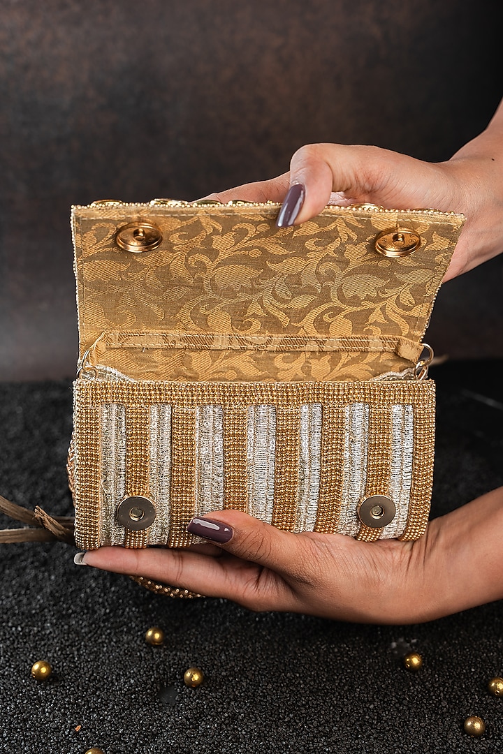 Gold Silk Floral Embellished Clutch by Nayaab by Sonia at Pernia's Pop Up Shop