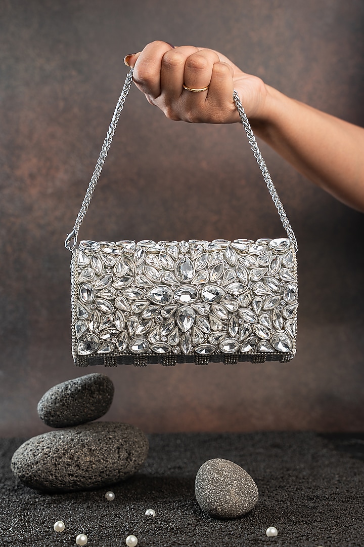 Silver Silk Floral Embellished Clutch by Nayaab by Sonia at Pernia's Pop Up Shop