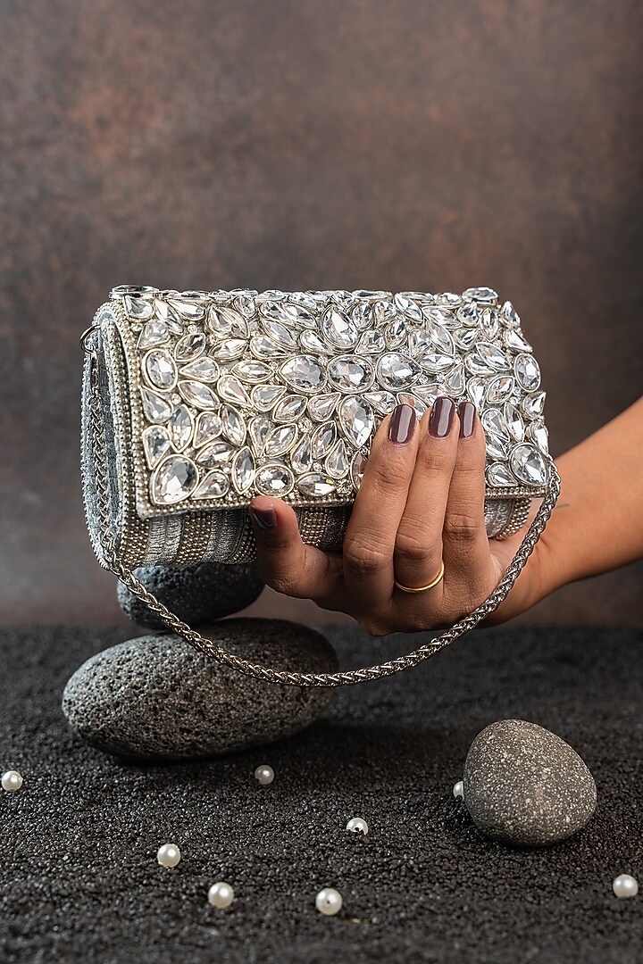 Silver Silk Floral Embellished Clutch by Nayaab by Sonia at Pernia's Pop Up Shop