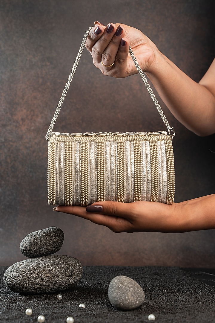Silver Silk Floral Embellished Clutch by Nayaab by Sonia at Pernia's Pop Up Shop