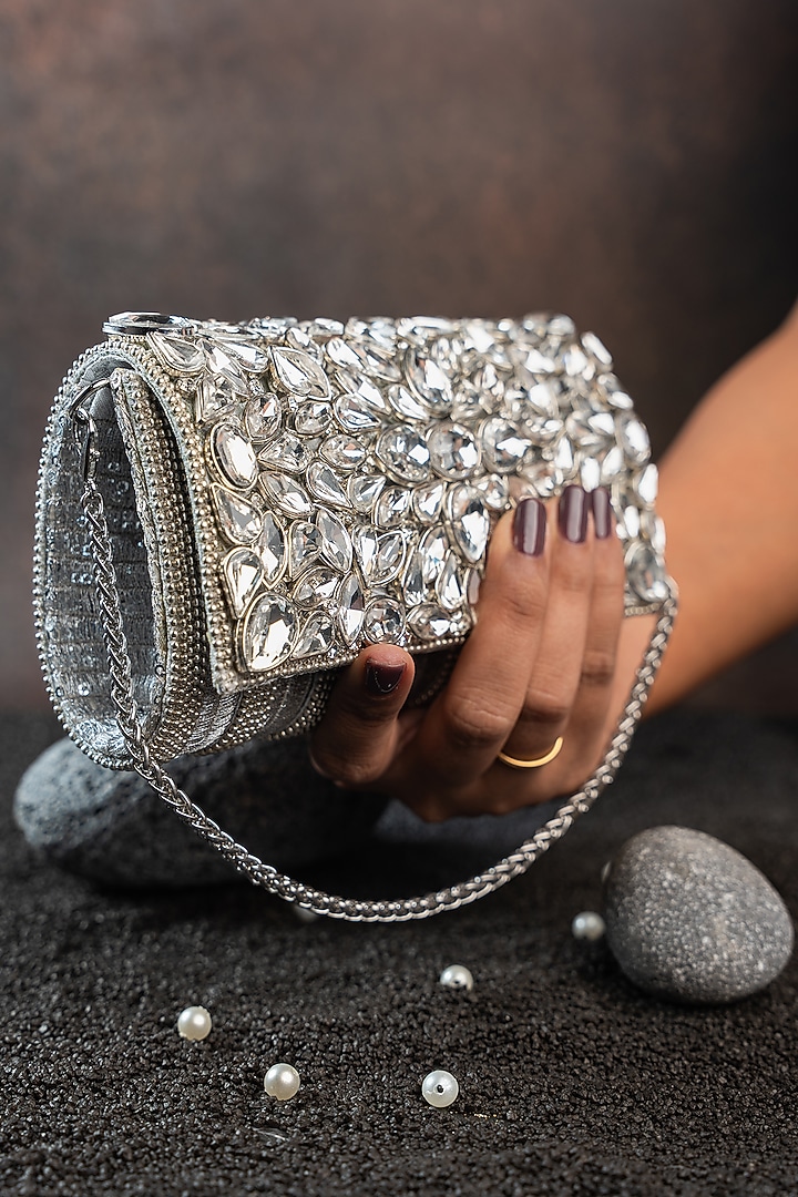 Silver Silk Floral Embellished Clutch by Nayaab by Sonia at Pernia's Pop Up Shop
