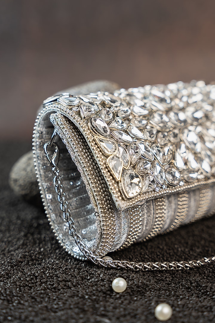 Silver Silk Floral Embellished Clutch by Nayaab by Sonia at Pernia's Pop Up Shop