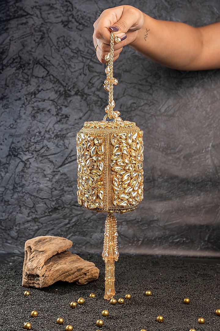 Gold Silk Crystal Embellished Handbag by Nayaab by Sonia at Pernia's Pop Up Shop