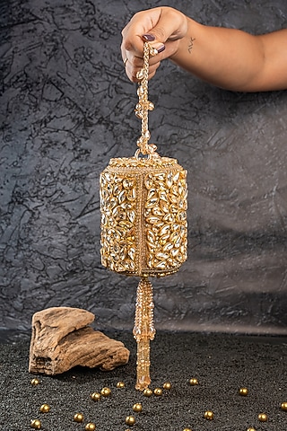 Gold Silk Crystal Embellished Handbag by Nayaab by Sonia
