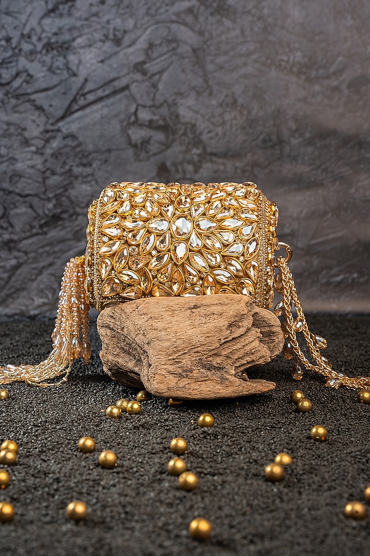 Gold Silk Crystal Embellished Handbag by Nayaab by Sonia at Pernia's Pop Up Shop
