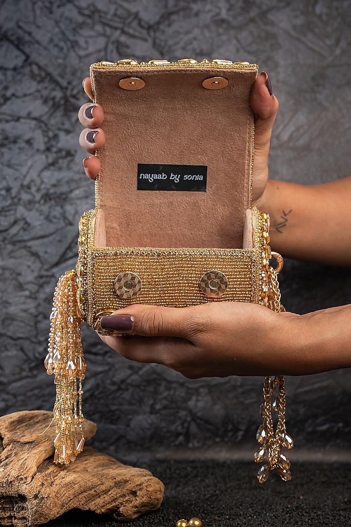 Gold Silk Crystal Embellished Handbag by Nayaab by Sonia at Pernia's Pop Up Shop