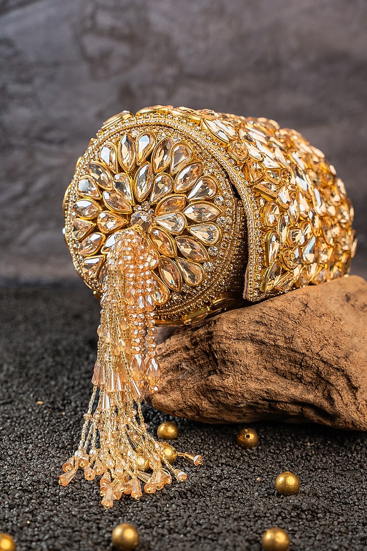 Gold Silk Crystal Embellished Handbag by Nayaab by Sonia at Pernia's Pop Up Shop