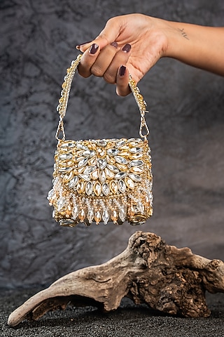 Gold & Silver Silk Bead Embellished Mini Bag by Nayaab by Sonia