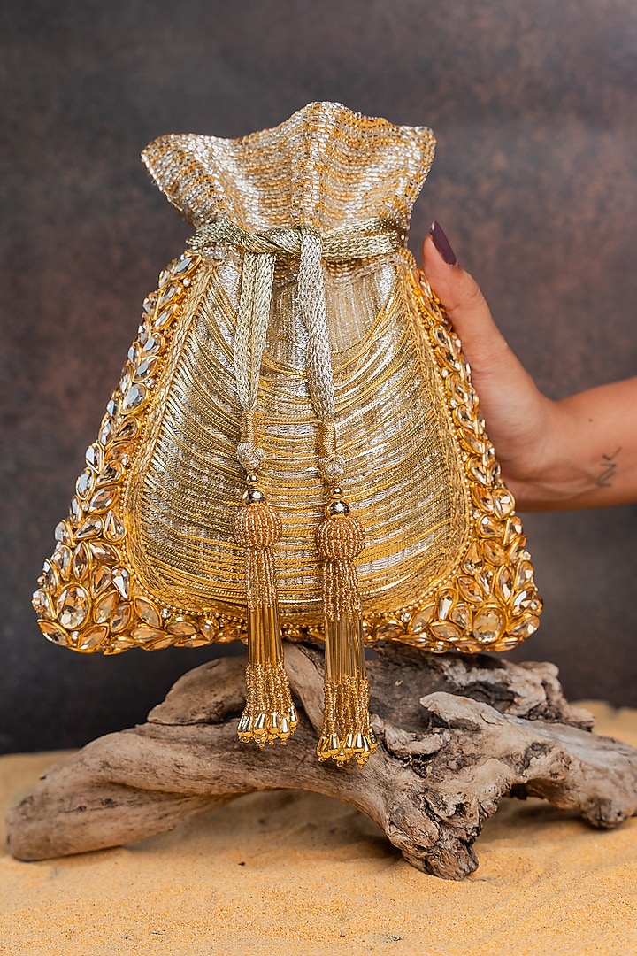 Gold Silk Cutdana Embellished Potli Bag by Nayaab by Sonia at Pernia's Pop Up Shop