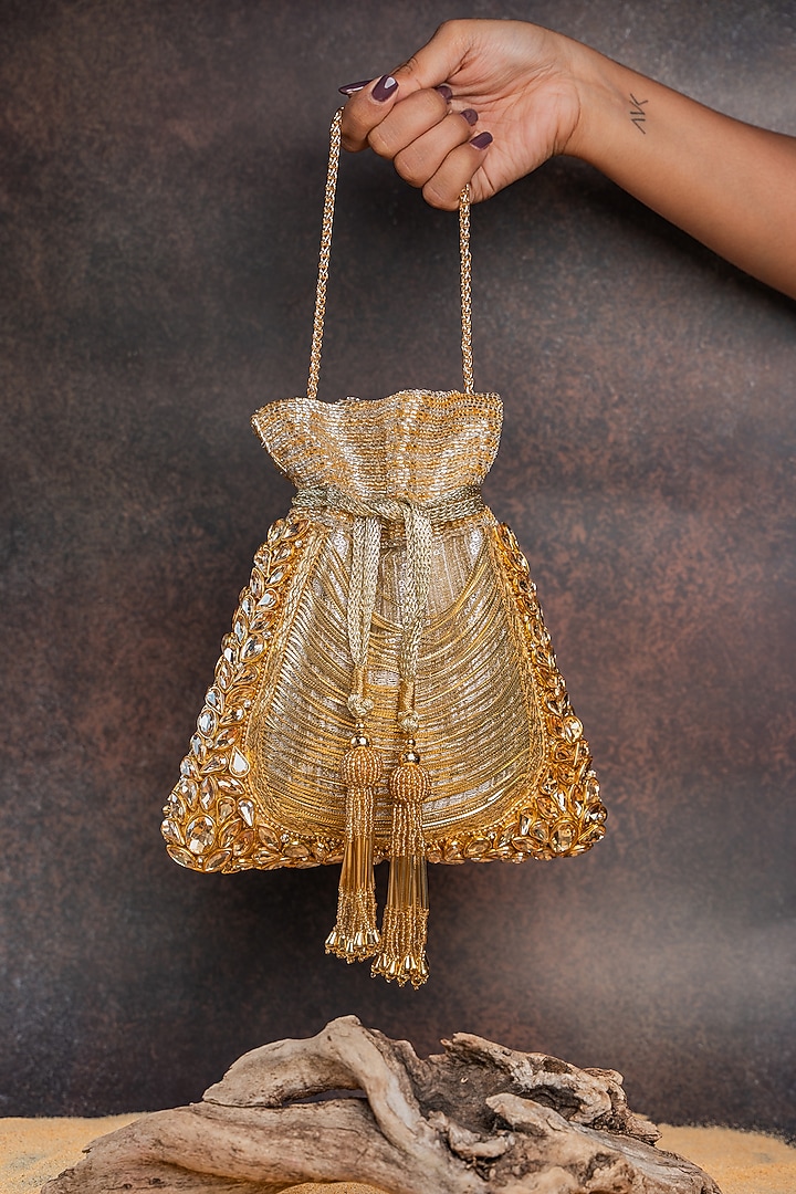 Gold Silk Cutdana Embellished Potli Bag by Nayaab by Sonia at Pernia's Pop Up Shop