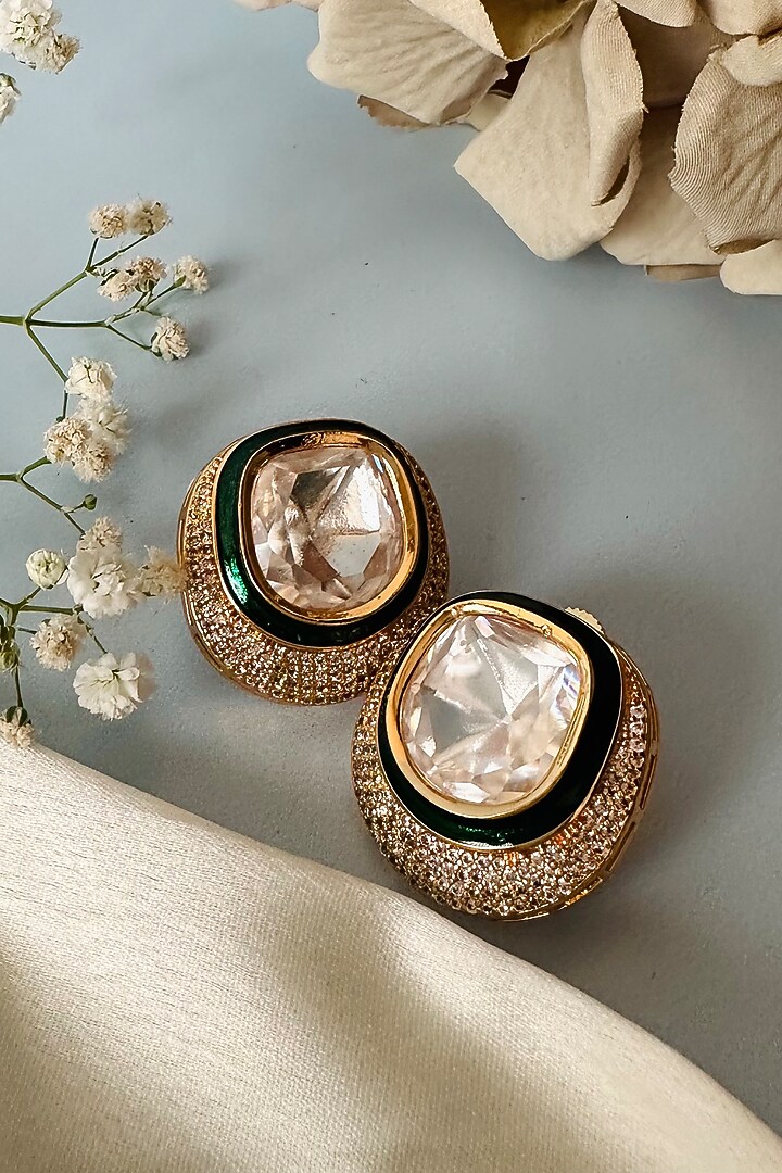 Gold Finish Kundan Polki Stud Earrings by Nayaab by Sonia at