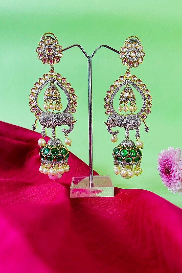Gold Finish Moissanite Polki Jhumka Earrings by Nayaab by Sonia at Pernia's Pop Up Shop