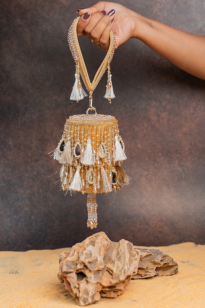 Gold Velvet Mirror Work Cylindrical Bag by Nayaab by Sonia at Pernia's Pop Up Shop