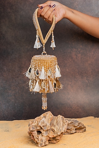 Gold Velvet Mirror Work Cylindrical Bag by Nayaab by Sonia