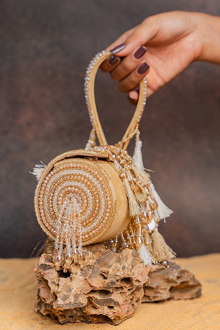 Gold Velvet Mirror Work Cylindrical Bag by Nayaab by Sonia at Pernia's Pop Up Shop