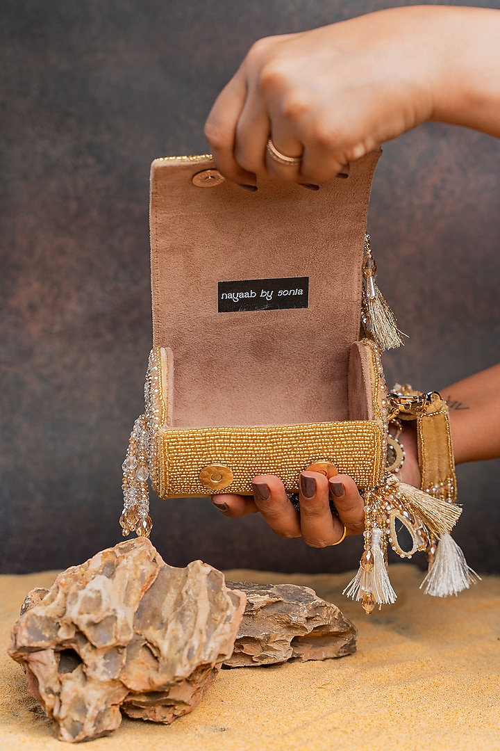 Gold Velvet Mirror Work Cylindrical Bag by Nayaab by Sonia at Pernia's Pop Up Shop