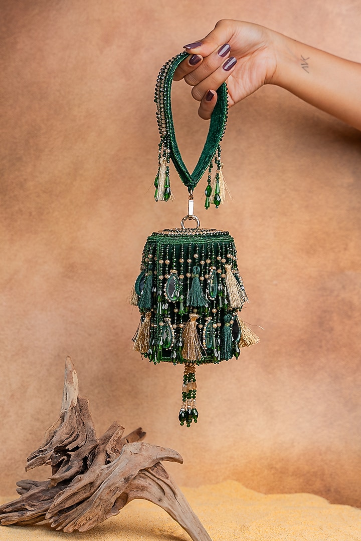 Green Velvet Mirror Work Cylindrical Bag by Nayaab by Sonia at Pernia's Pop Up Shop