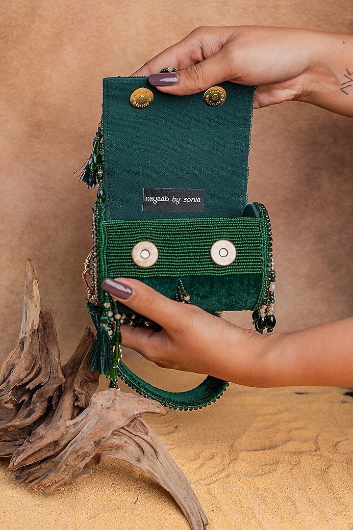 Green Velvet Mirror Work Cylindrical Bag by Nayaab by Sonia at Pernia's Pop Up Shop