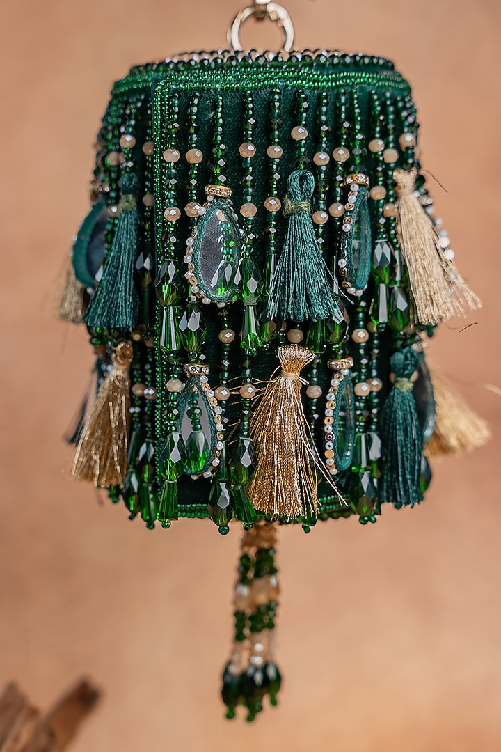 Green Velvet Mirror Work Cylindrical Bag by Nayaab by Sonia at Pernia's Pop Up Shop