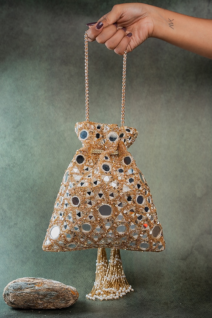 Gold Silk Mirror Embellished Potli by Nayaab by Sonia at Pernia's Pop Up Shop