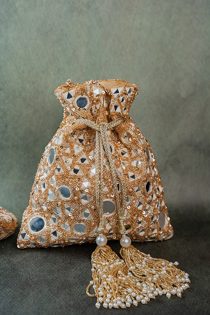 Gold Silk Mirror Embellished Potli by Nayaab by Sonia at Pernia's Pop Up Shop