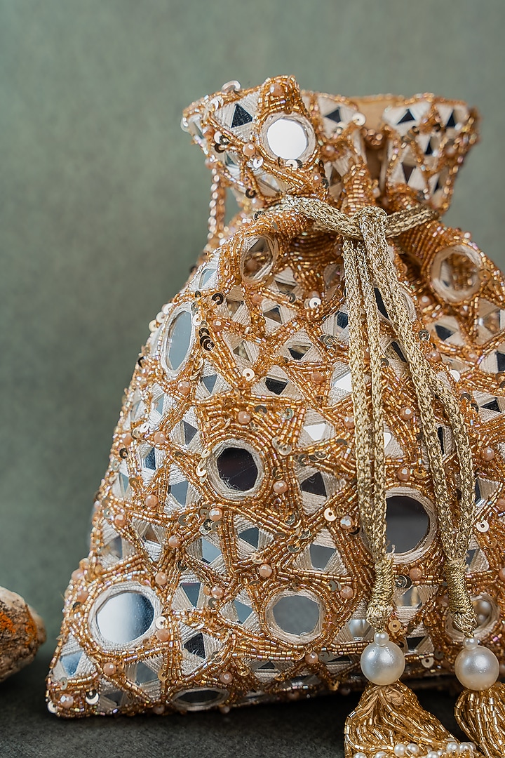 Gold Silk Mirror Embellished Potli by Nayaab by Sonia at Pernia's Pop Up Shop