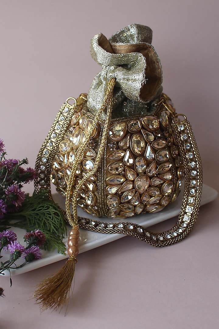 Gold Silk Hand Embroidered Potli by Nayaab by Sonia