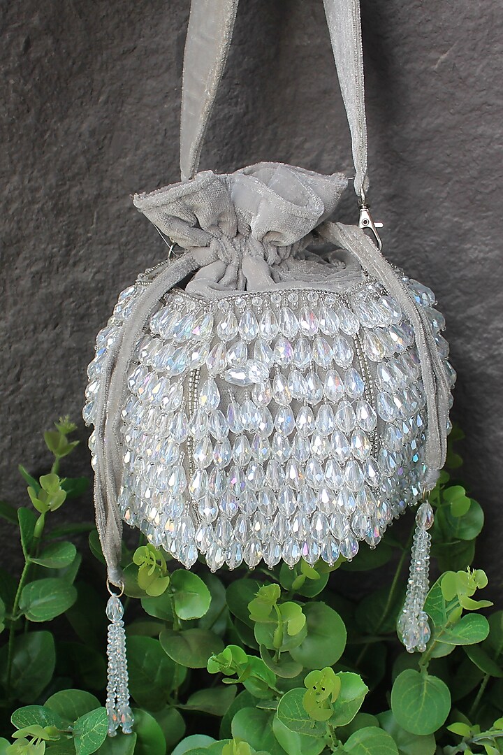 Silver Velvet Hand Embroidered Bucket Potli by Nayaab by Sonia