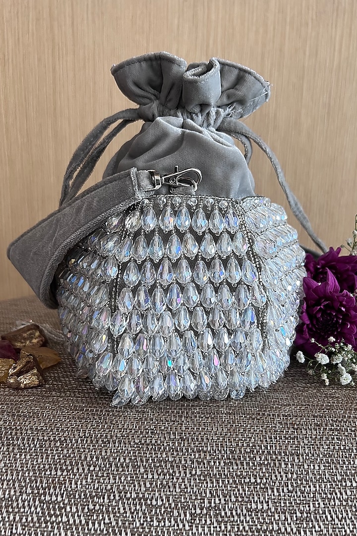 Silver Velvet Hand Embroidered Bucket Potli by Nayaab by Sonia at Pernia's Pop Up Shop