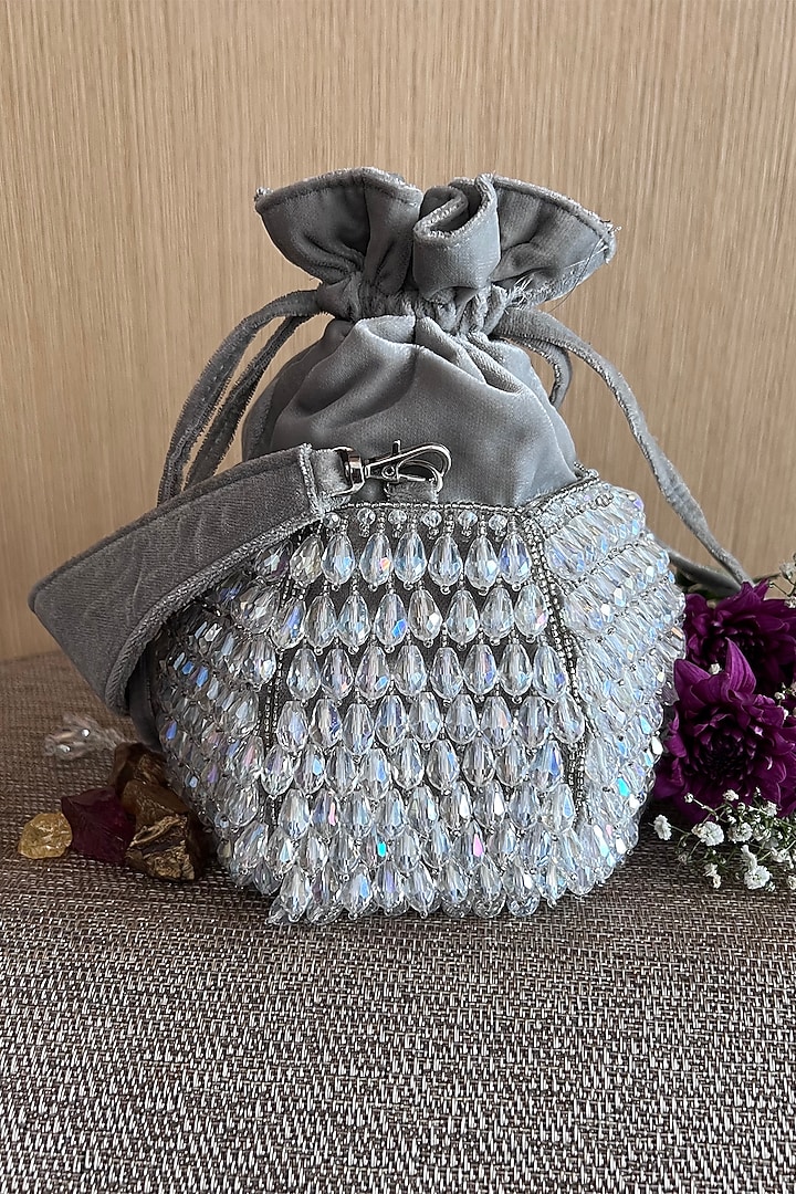 Silver Velvet Hand Embroidered Bucket Potli by Nayaab by Sonia at Pernia's Pop Up Shop