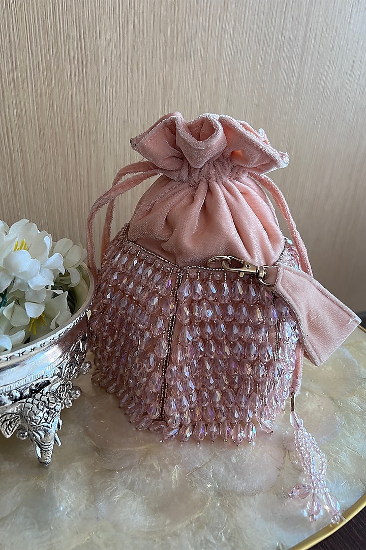 Peachy Pink Velvet Hand Embroidered Bucket Potli by Nayaab by Sonia at Pernia's Pop Up Shop