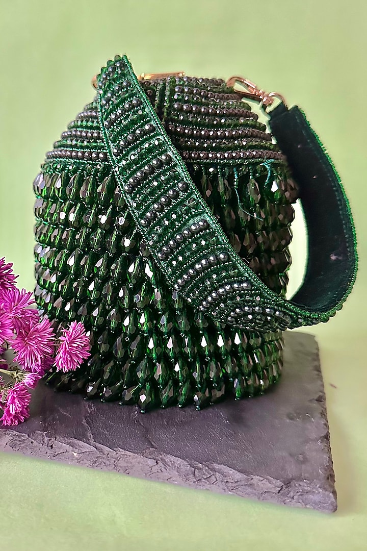 Green Suede Crystal & Tassel Embroidered Potli by Nayaab by Sonia