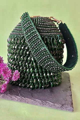 Green Suede Crystal & Tassel Embroidered Potli by Nayaab by Sonia