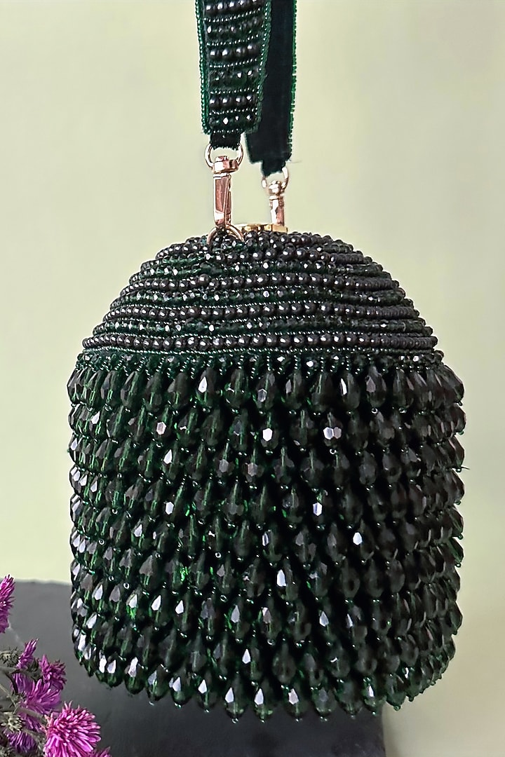 Green Suede Crystal & Tassel Embroidered Potli by Nayaab by Sonia at Pernia's Pop Up Shop