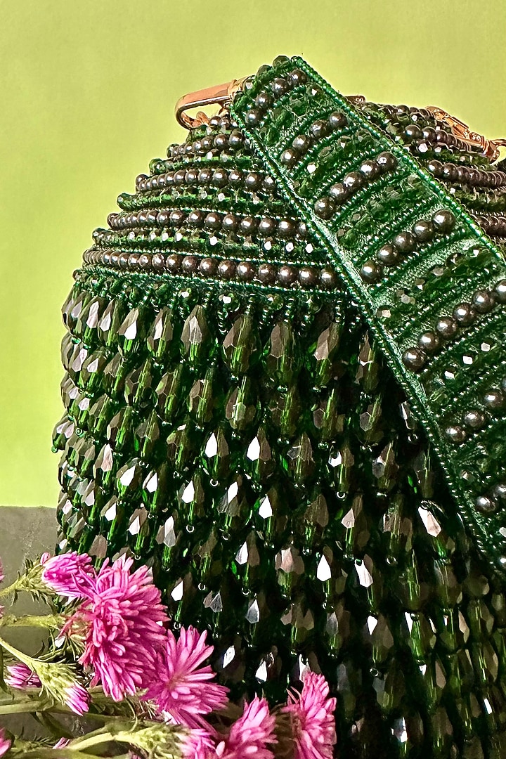 Green Suede Crystal & Tassel Embroidered Potli by Nayaab by Sonia at Pernia's Pop Up Shop