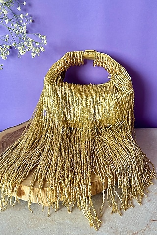 Gold Silk Tassel & Salli Embroidered Handbag by Nayaab by Sonia