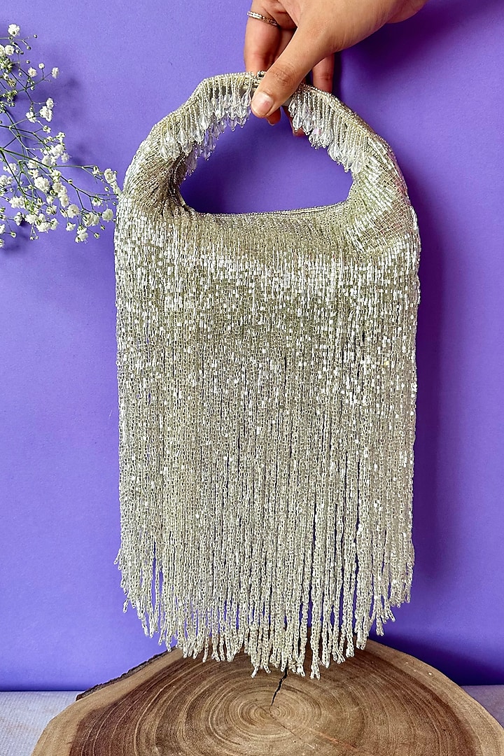 Silver Silk Tassel & Salli Embroidered Handbag by Nayaab by Sonia at Pernia's Pop Up Shop