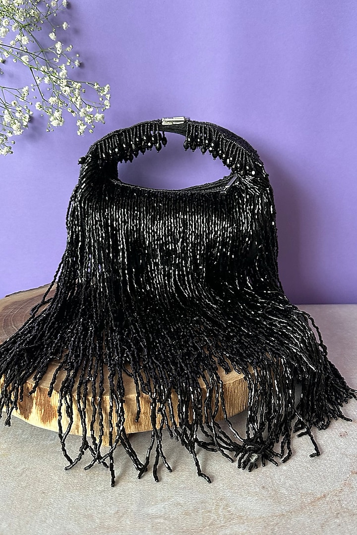 Black Silk Tassel & Salli Embroidered Handbag by Nayaab by Sonia