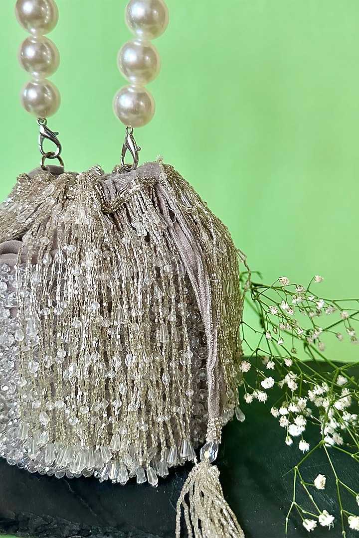 Silver Suede Bead & Salli Embroidered Potli by Nayaab by Sonia at Pernia's Pop Up Shop