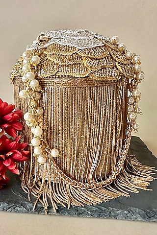 Gold Silk Metallic Chain Embroidered Potli by Nayaab by Sonia