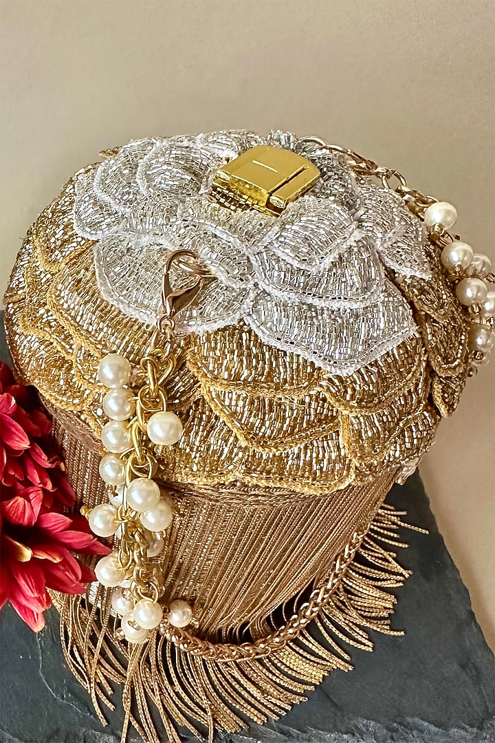 Gold Silk Metallic Chain Embroidered Potli by Nayaab by Sonia at Pernia's Pop Up Shop